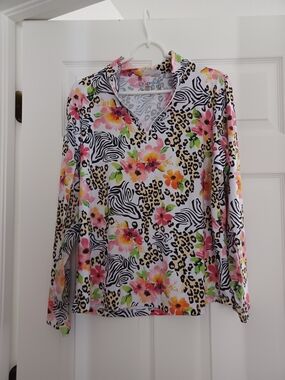 IBKUL Womens Size XL White Floral & Animal Print V-Neck Long Sleeve UPF 50 Golf